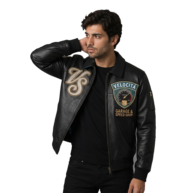 Velocità Garage Speed Shop Black Leather Bomber Jacket - Image 6