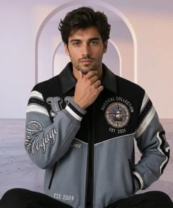 Nautical Adventure Patchwork Leather Varsity Jacket