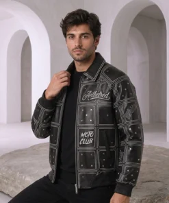 Aethelred Moto Club Grid Pattern Leather Bomber Jacket