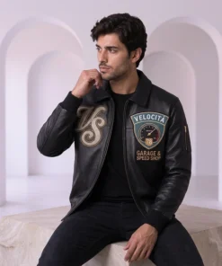 Velocità Garage Speed Shop Black Leather Bomber Jacket