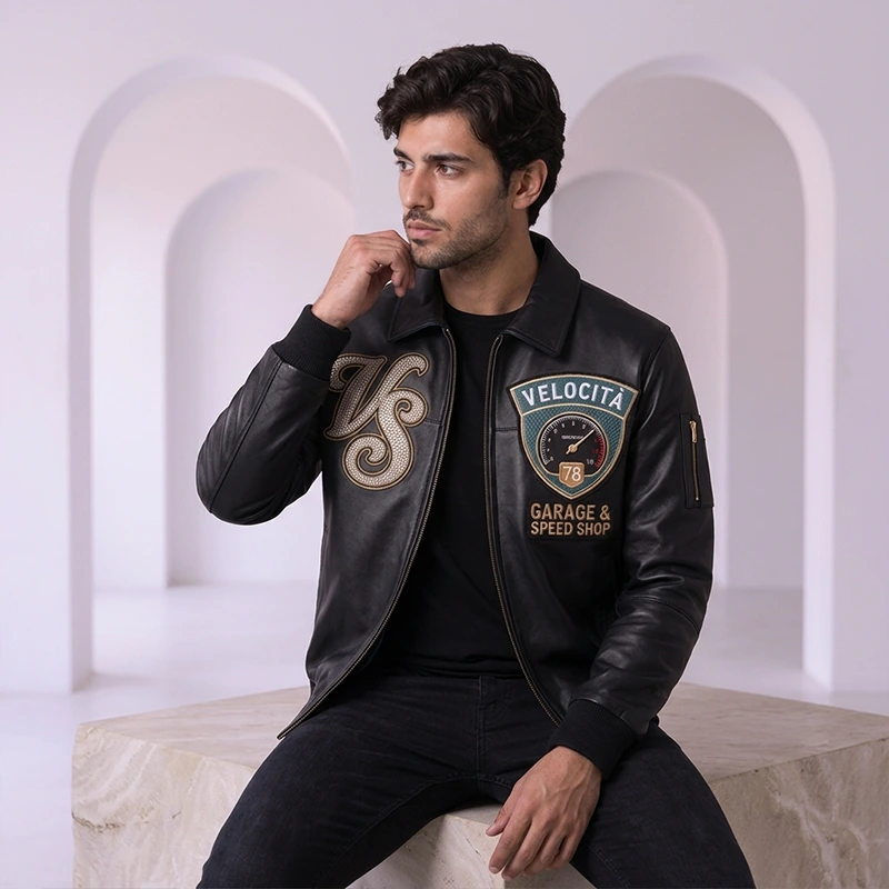 Velocità Garage Speed Shop Black Leather Bomber Jacket