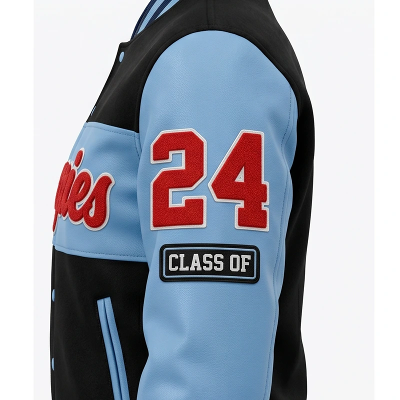 Women’s Valkyries Blue & Black Leather Varsity Jacket - Image 4