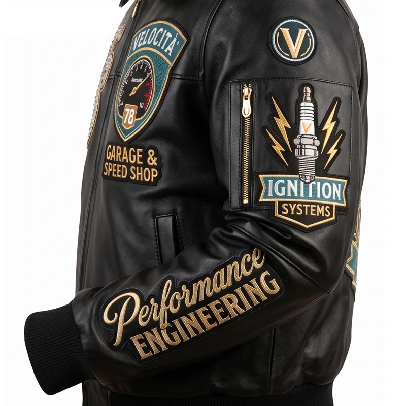Velocità Garage Speed Shop Black Leather Bomber Jacket - Image 4