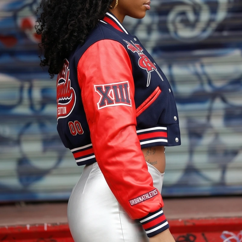 Women’s Crimson G Crest Cropped Varsity Leather Jacket - Image 4