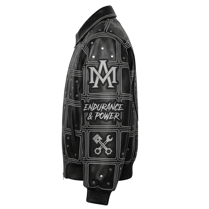 Aethelred Moto Club Grid Pattern Leather Bomber Jacket - Image 4