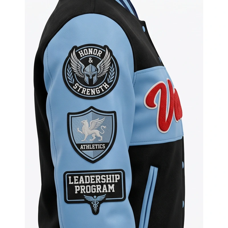 Women’s Valkyries Blue & Black Leather Varsity Jacket - Image 5