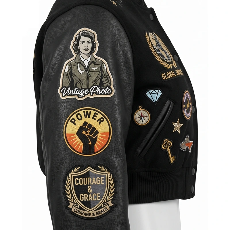 Women’s Global Impact Icon Cropped Varsity Leather Jacket - Image 5