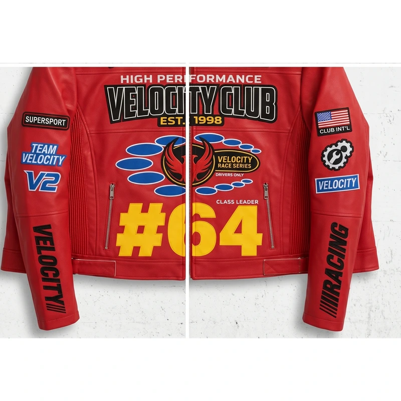 Women’s Velocity Club #64 Red Racing Leather Jacket - Image 4