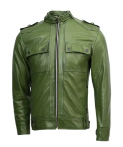 Slim Fit Men Green Biker Jacket