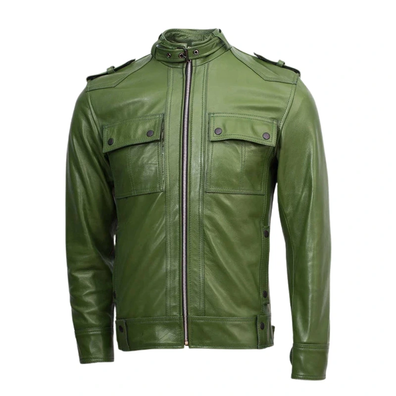 Slim Fit Men Green Biker Jacket