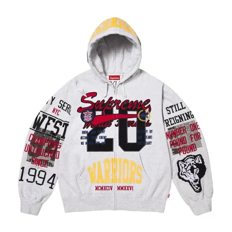 Supreme Warriors Appliqué Zip Up Ash Grey Hooded Sweatshirt
