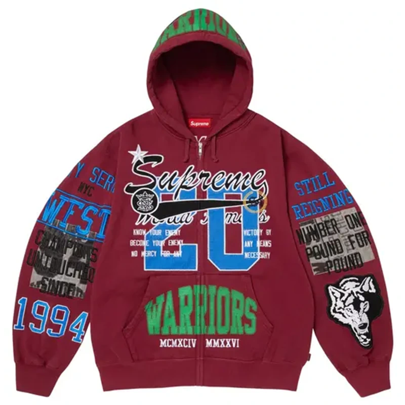 Supreme Warriors Appliqué Zip Up Cardinal Hooded Sweatshirt