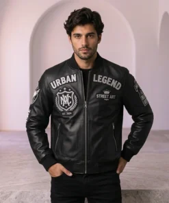 Urban Legend Black Embroidered Leather Bomber Jacket