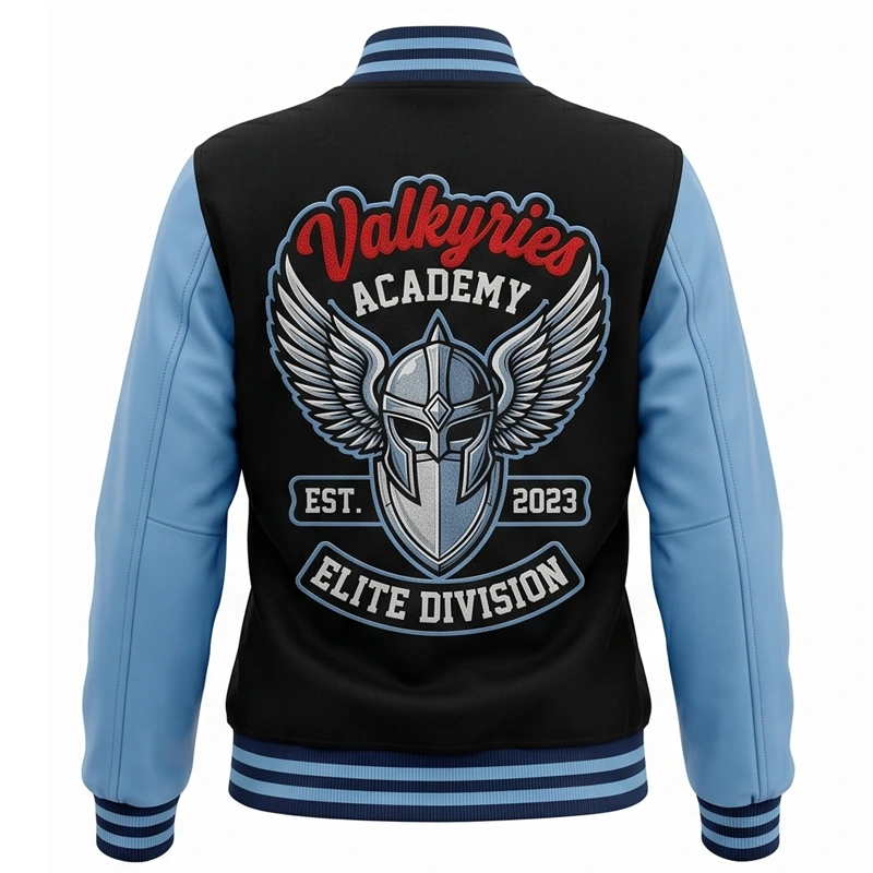 Women’s Valkyries Blue & Black Leather Varsity Jacket - Image 3