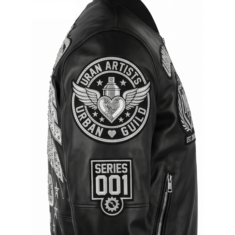 Urban Legend Black Embroidered Leather Bomber Jacket - Image 5