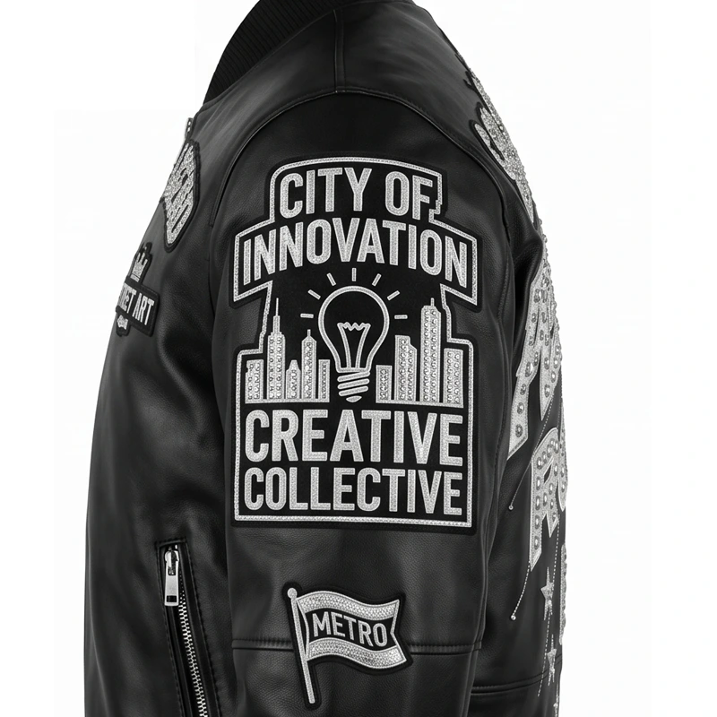 Urban Legend Black Embroidered Leather Bomber Jacket - Image 4