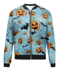 Halloween Printed Blue Bomber Jacket