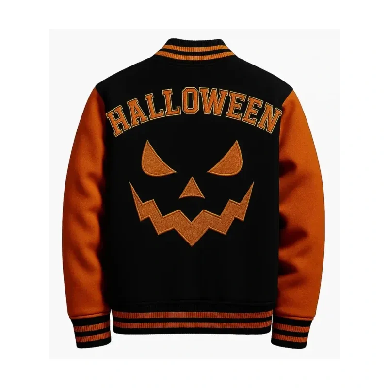 Halloween Pumpkin Black Varsity Jacket - Image 2