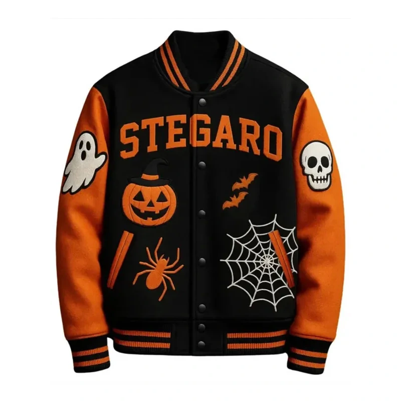Halloween Pumpkin Black Varsity Jacket