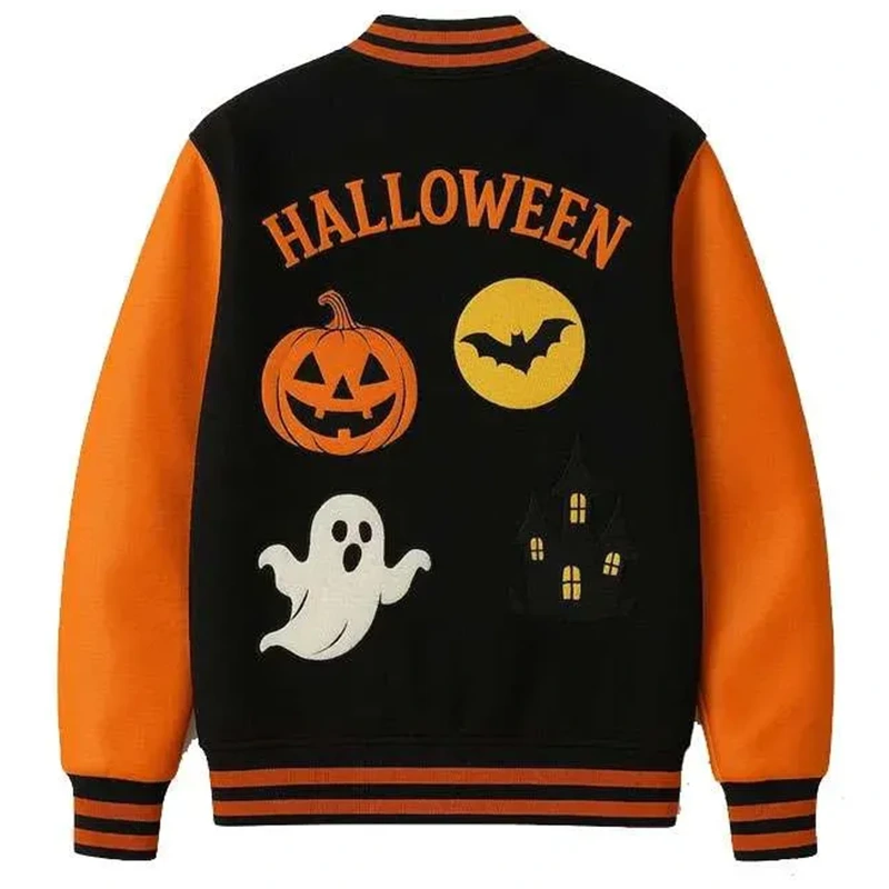 Halloween Pumpkin House Skeleton Varsity Jacket - Image 2