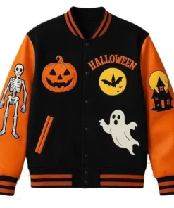 Halloween Pumpkin House Skeleton Varsity Jacket