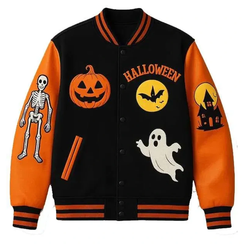 Halloween Pumpkin House Skeleton Varsity Jacket