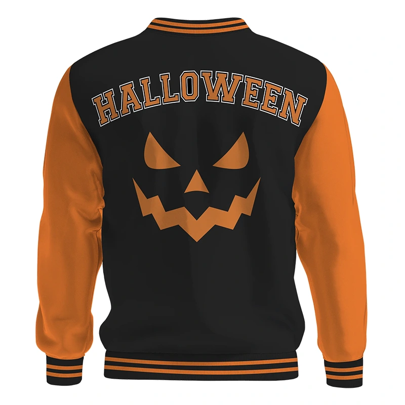 Halloween Pumpkin Letterman Varsity Black Jacket - Image 2