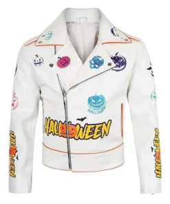 Halloween Pumpkin White Biker Leather Jacket