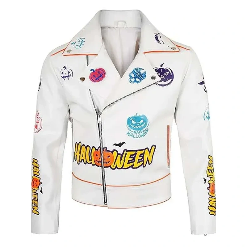 Halloween Pumpkin White Biker Leather Jacket