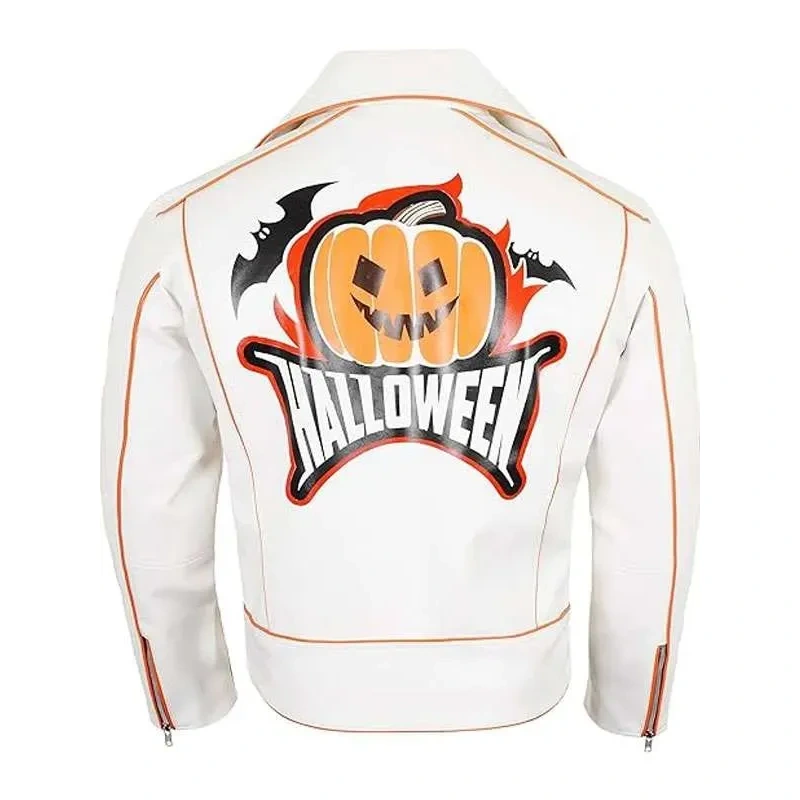 Halloween Pumpkin White Biker Leather Jacket - Image 3
