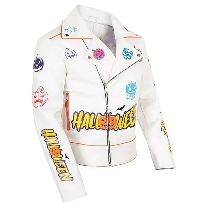 Halloween Pumpkin White Biker Leather Jacket - Image 2