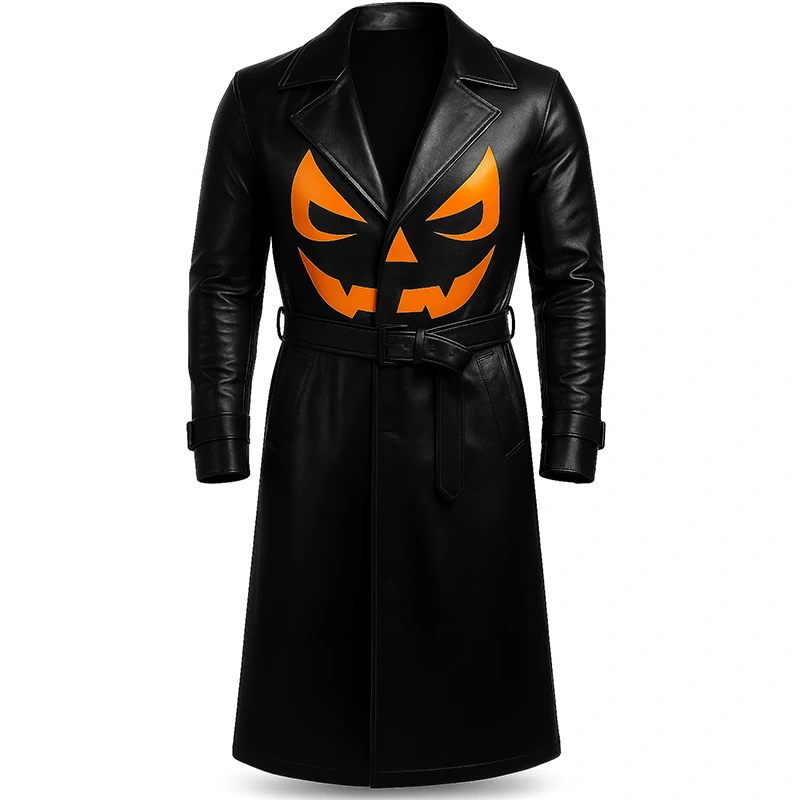 Lantern Halloween Pumpkin Black Trench Coat