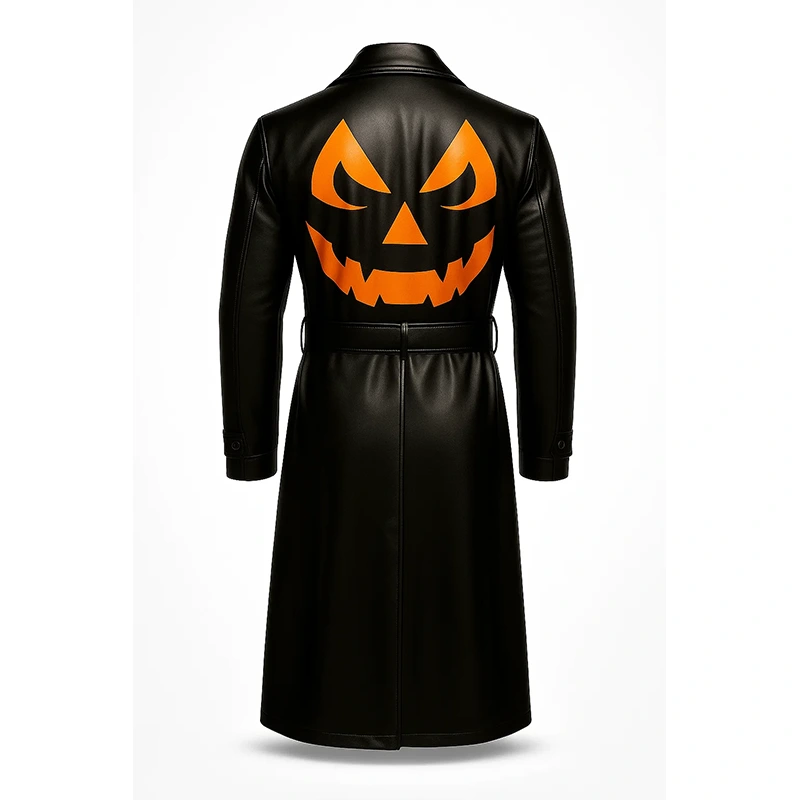Lantern Halloween Pumpkin Black Trench Coat - Image 2