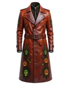 Men’s Gothic Halloween Pumpkin Brown Leather Coat