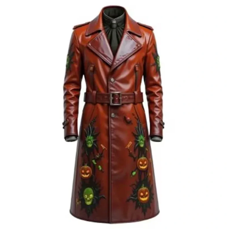 Men’s Gothic Halloween Pumpkin Brown Leather Coat
