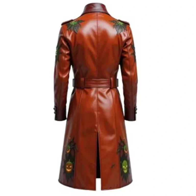 Men’s Gothic Halloween Pumpkin Brown Leather Coat - Image 2