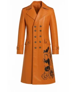 Men’s Halloween Pumpkin Long Leather Coat