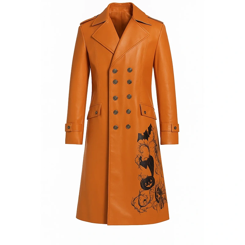 Men’s Halloween Pumpkin Long Leather Coat
