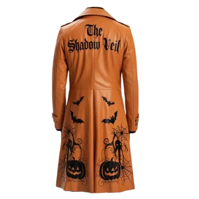 Men’s Halloween Pumpkin Long Leather Coat - Image 2