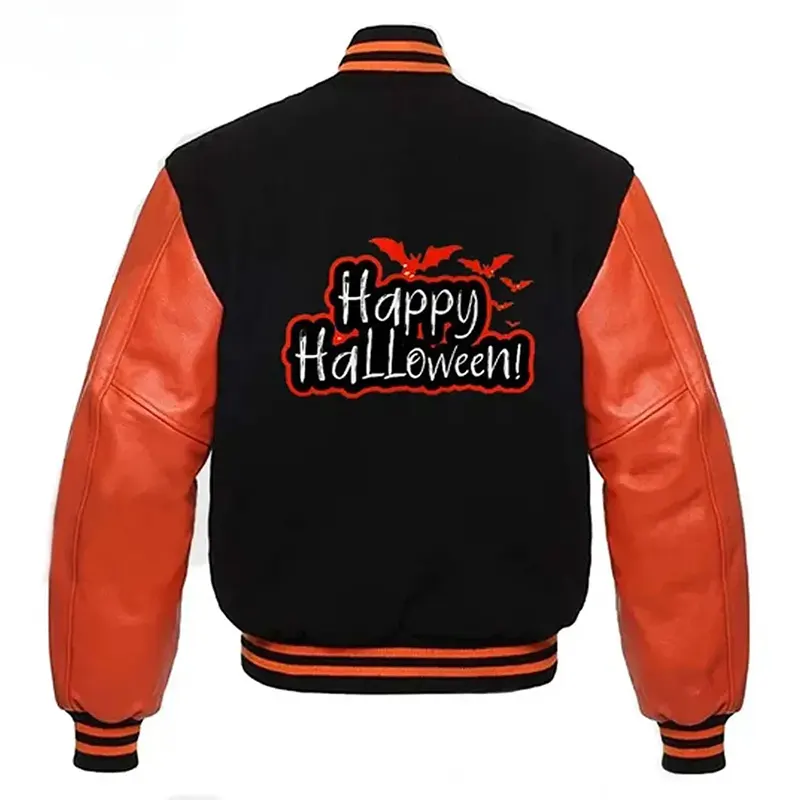 Mens Happy Halloween Black Varsity Jacket - Image 3