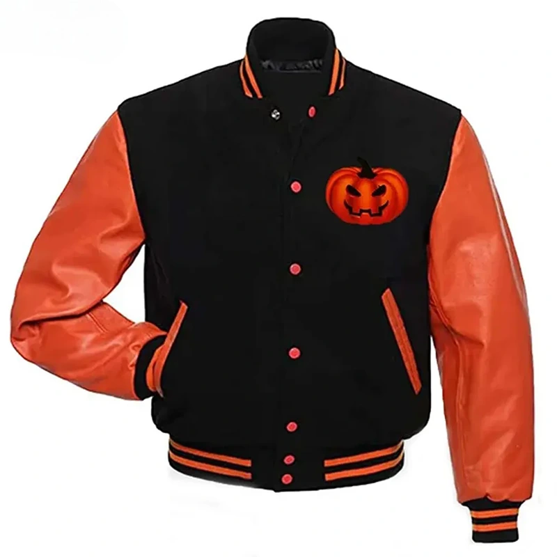Mens Happy Halloween Black Varsity Jacket - Image 2