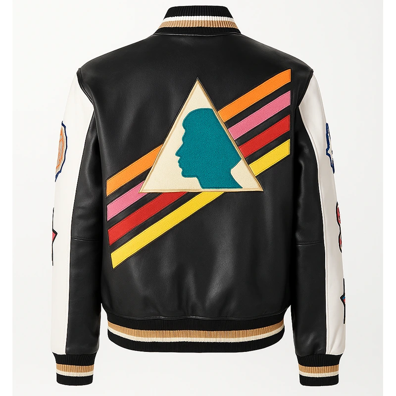 Men’s Multi-Color Triangle Leather Varsity Jacket - Image 2