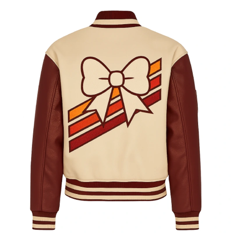 Unisex Beige V Patch Wool Varsity Leather Jacket - Image 2