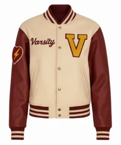 Unisex Beige V Patch Wool Varsity Leather Jacket