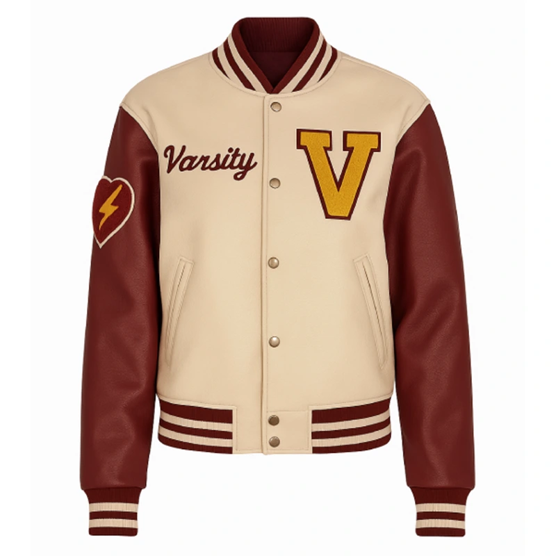 Unisex Beige V Patch Wool Varsity Leather Jacket