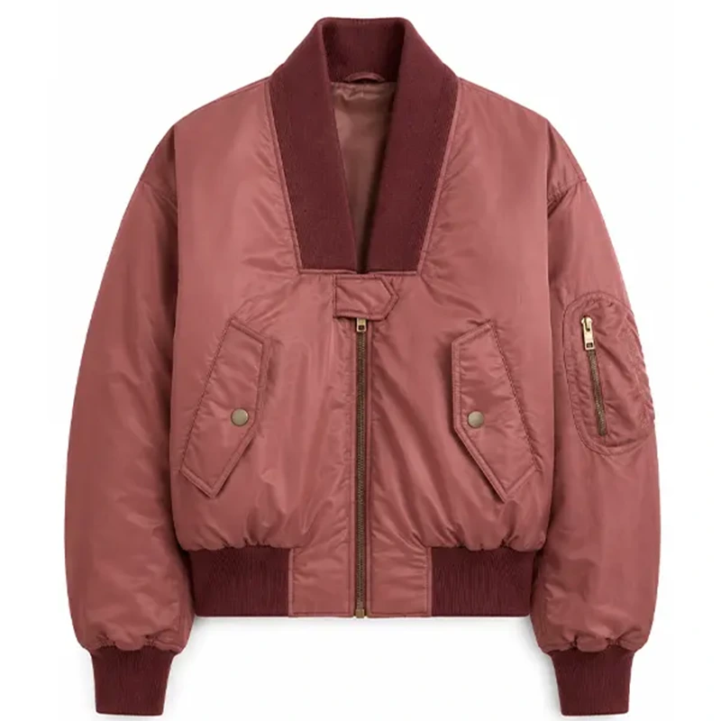 Women Oversized Technical Red Satin Bomber Jacket