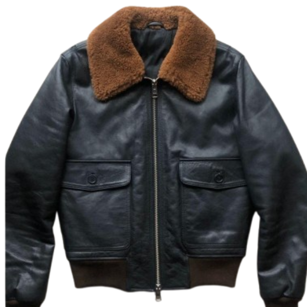 Black Leather Aviator Shearling Collar Bomber Jacket - Image 4