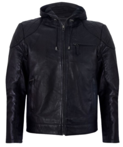 Men's Black Leather Hooded Bomber Jacket