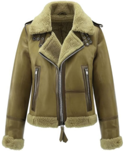 Women's Olive Green Real Sheepskin Shearling Fur Lined Aviator Jacket