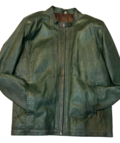 Men Olive Green Solid Leather Jacket